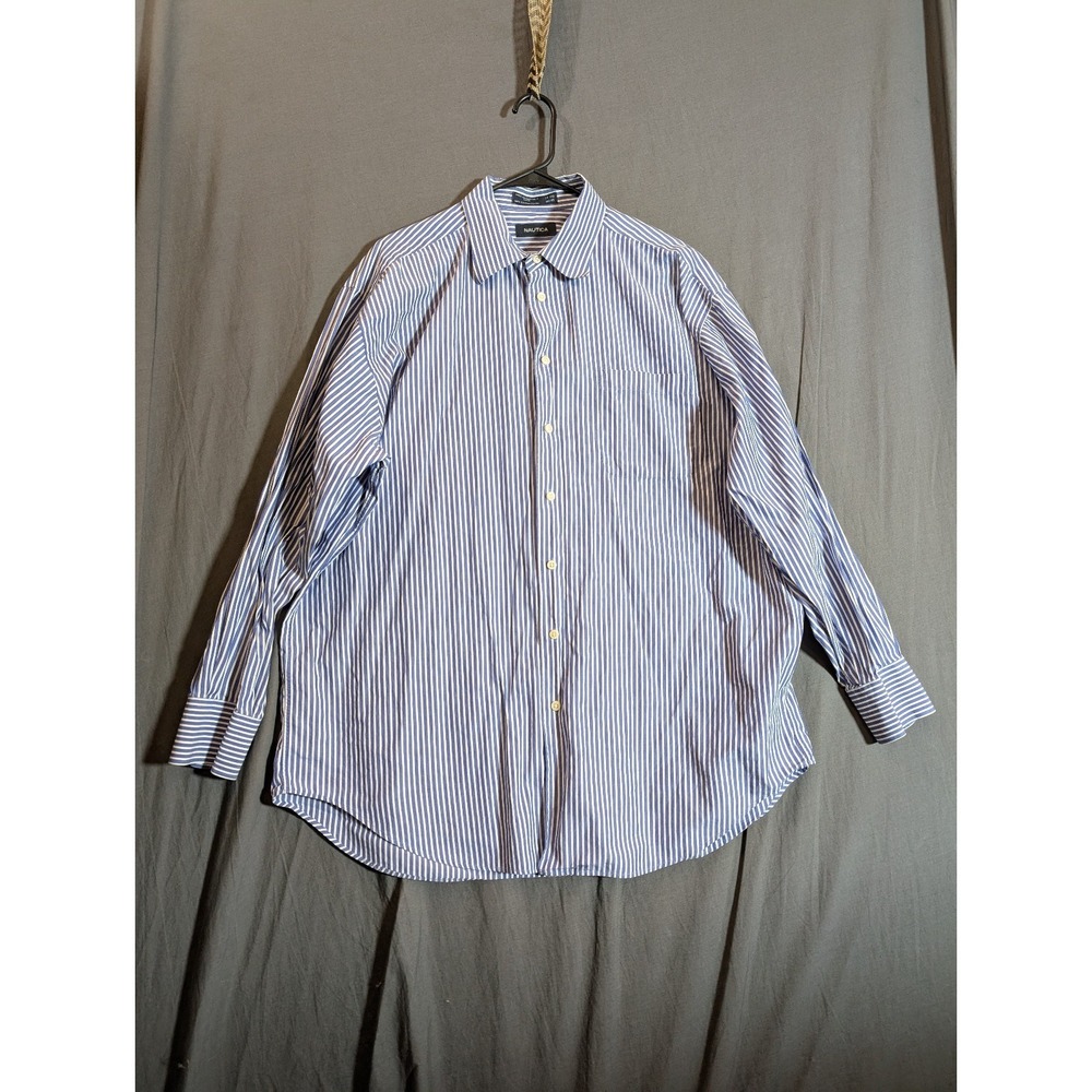 Nautica Shirt Mens 17.5 Blue & White Stripe Plaid 34/35‎ Button Up Long Sleeve